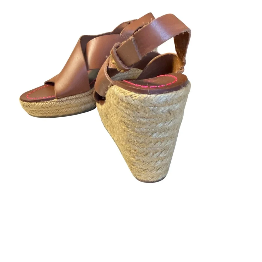 Boden Tan Leather Espadrille Wedge Sandals Slingback Brown Pink Stitch 40 9.5